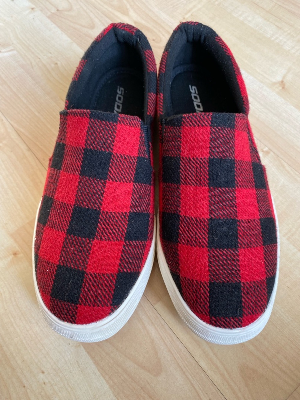 Soda Red and Black Buffalo Plaid Slip-On Flats
